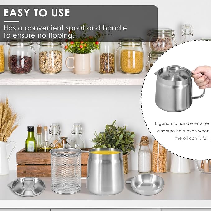 Deep Fat Fryer with Basket & Strainer, 304 Stainless Steel Deep Fryer Pot, Large Capacity Bacon Grease Container for Kitchen,Frying,Cooking,Camping,Oil Filter Container, Dishwasher Safe