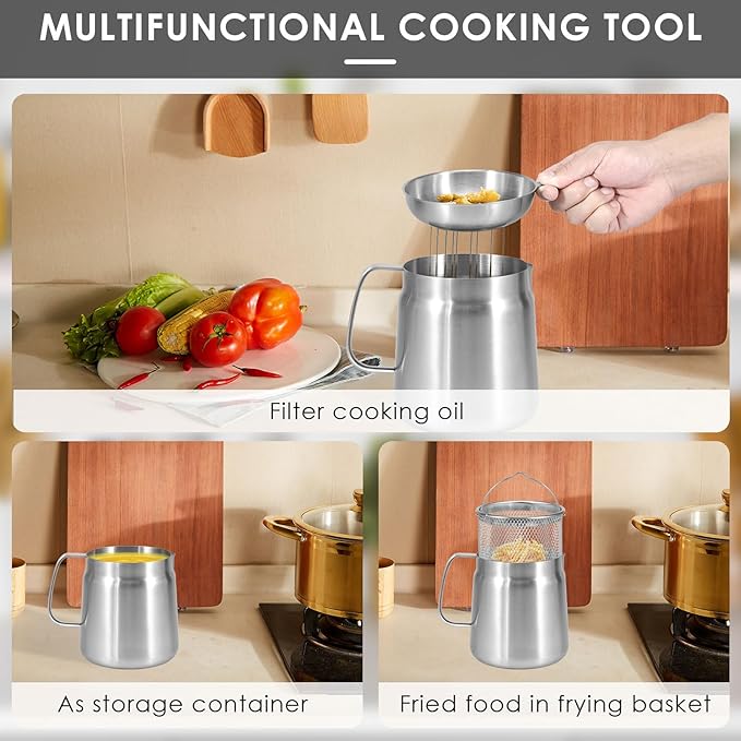 Deep Fat Fryer with Basket & Strainer, 304 Stainless Steel Deep Fryer Pot, Large Capacity Bacon Grease Container for Kitchen,Frying,Cooking,Camping,Oil Filter Container, Dishwasher Safe