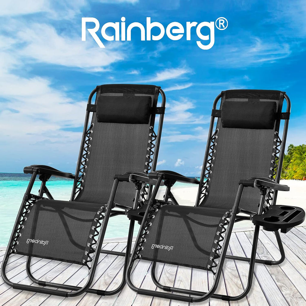Rainberg Zero Gravity Lounger Chair – Outdoor Folding Recliner with Cushion & Cup Holder (2-Pack)
