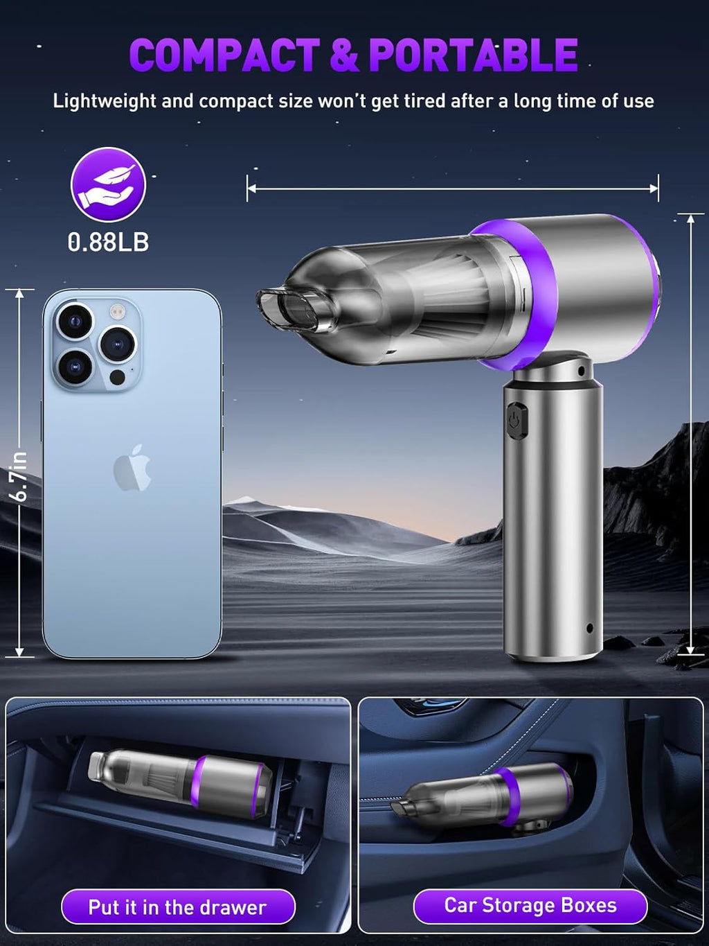 4-in-1 Mini Car Vacuum & Air Duster – Super Power Handheld Cordless Cleaner (Purple)