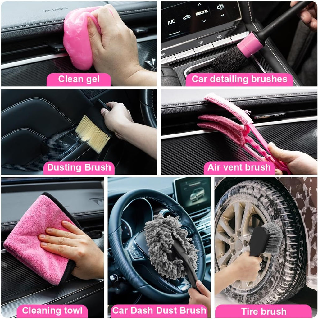 Viewsun 20PCS Pink Car Cleaning Kit – Interior Detailing Set with Drill Brushes, Windshield Tools & Cleaning Gel