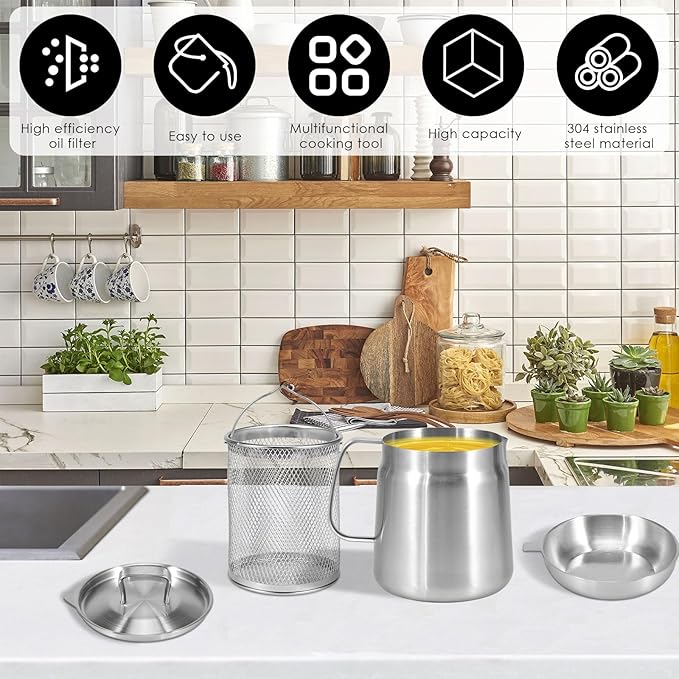 Deep Fat Fryer with Basket & Strainer, 304 Stainless Steel Deep Fryer Pot, Large Capacity Bacon Grease Container for Kitchen,Frying,Cooking,Camping,Oil Filter Container, Dishwasher Safe