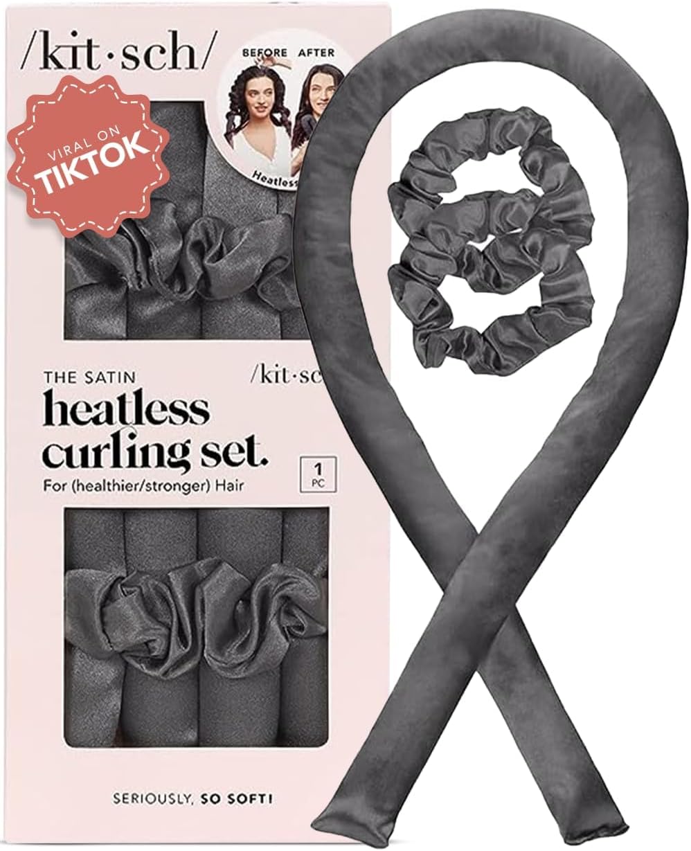 Kitsch Heatless Curling Set – Satin Overnight Curlers with Scrunchies & Blowout Rod (Charcoal)