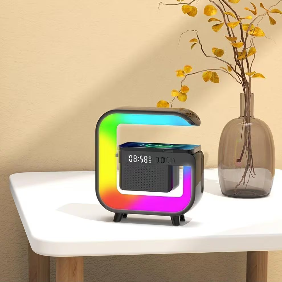 G-Shape Square 5-in-1 Wireless Music Station with Ambient Light, Alarm Clock, 24-Hour Display, Wireless Charging & TF Card MP3 Playback – Modern Bedside & Office Lamp