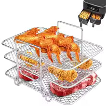3 Layer Air Fryer Rack, Stainless Steel Air Fryer Three Layer Cooking Rack, Multi-Purpose Air Fryer Accessories, Suitable for Double Basket Air Fryer, Roasting Oven, Microwave